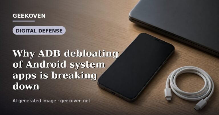 Illustration for the Digital Defense article “Why ADB debloating of Android system apps is breaking down”: an AI-generated editorial illustration showing a scene illustrating the subject of the article, with the headline set over it. Illustrative only, not a photograph of a real event.
