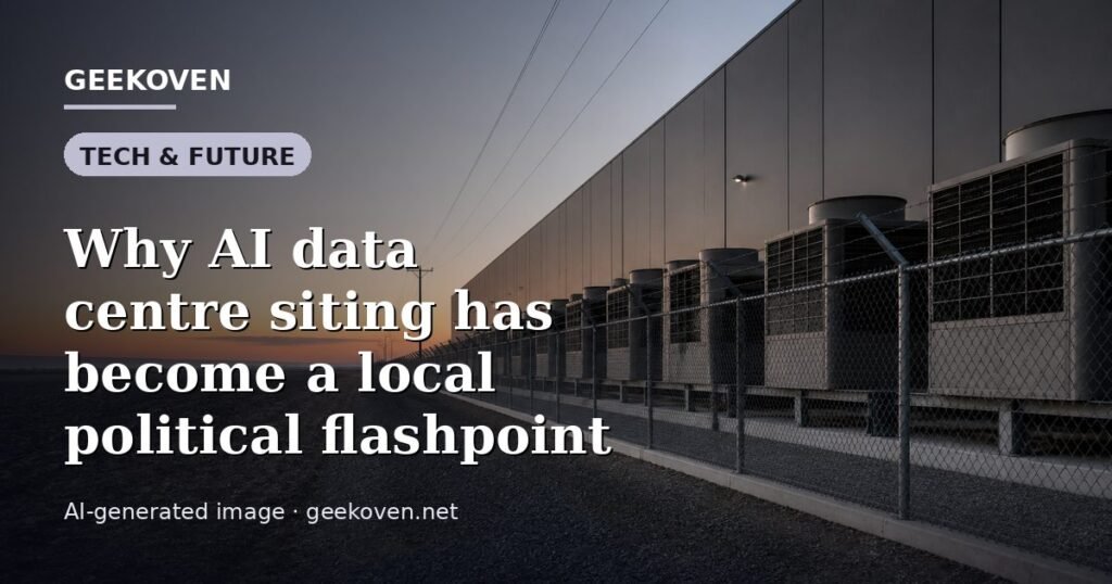 Illustration for the Tech & Future article “Why AI data centre siting has become a local political flashpoint”: an AI-generated editorial illustration showing a server hall with long rows of equipment cabinets and power infrastructure, with the headline set over it. Illustrative only, not a photograph of a real event.