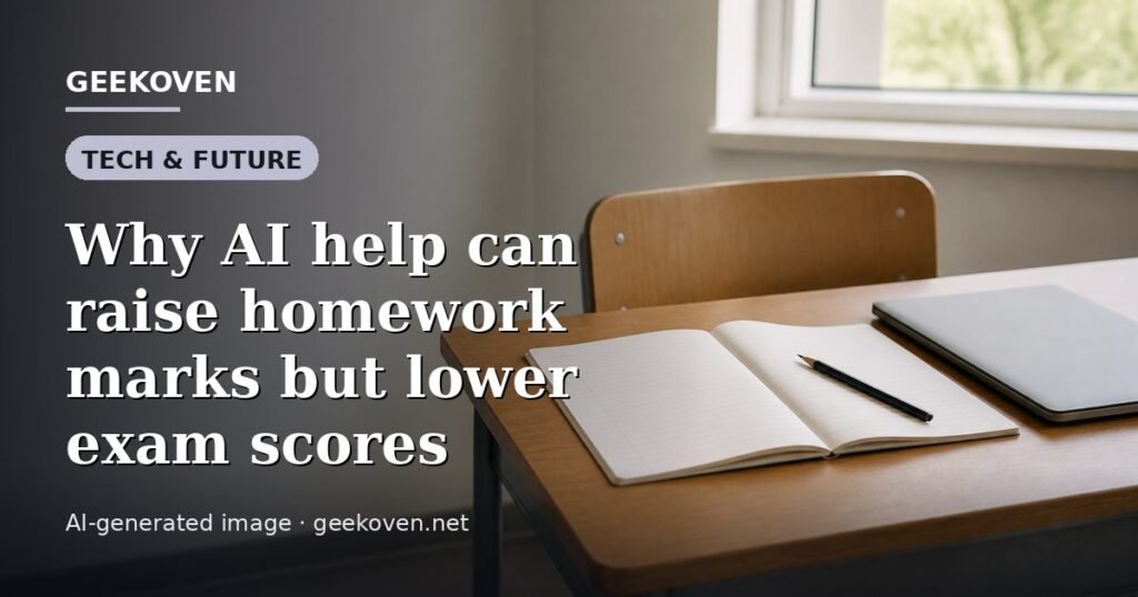 Illustration for the Tech & Future article “Why AI help can raise homework marks but lower exam scores”: an AI-generated editorial illustration showing a scene illustrating the subject of the article, with the headline set over it. Illustrative only, not a photograph of a real event.