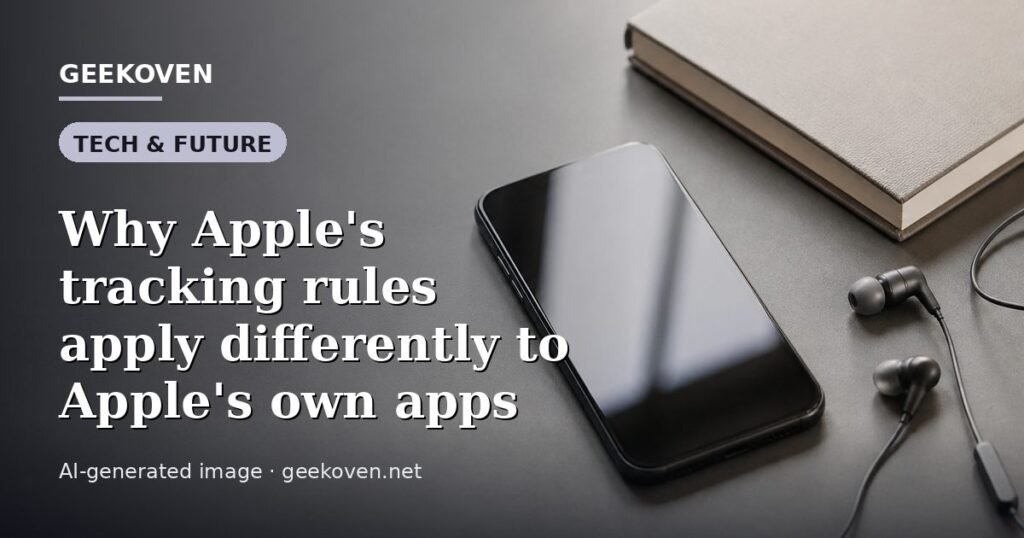Illustration for the Tech & Future article “Why Apple's tracking rules apply differently to Apple's own apps”: an AI-generated editorial illustration showing a scene illustrating the subject of the article, with the headline set over it. Illustrative only, not a photograph of a real event.