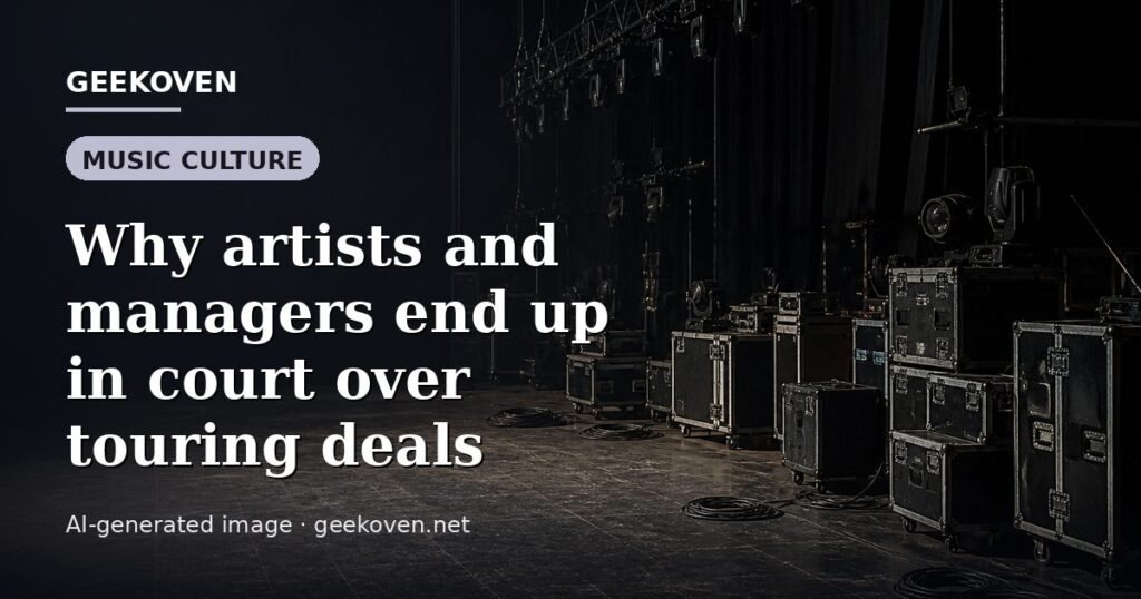 Illustration for the Music Culture article “Why artists and managers end up in court over touring deals”: an AI-generated editorial illustration showing a scene illustrating the subject of the article, with the headline set over it. Illustrative only, not a photograph of a real event.