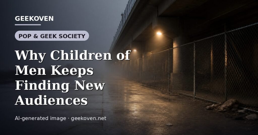 Illustration for the Pop & Geek Society article “Why Children of Men Keeps Finding New Audiences”: an AI-generated editorial illustration showing a scene illustrating the subject of the article, with the headline set over it. Illustrative only, not a photograph of a real event.