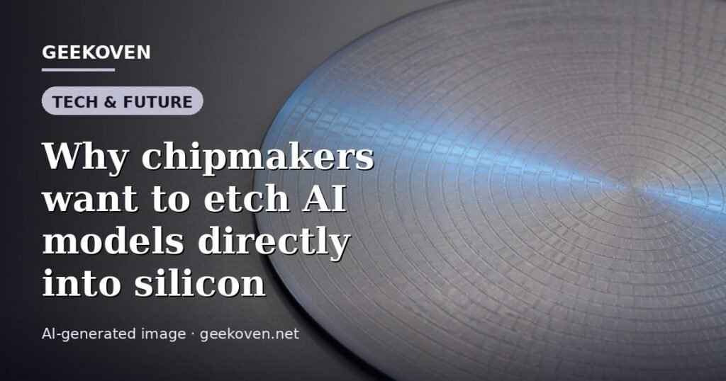 Illustration for the Tech & Future article “Why chipmakers want to etch AI models directly into silicon”: an AI-generated editorial illustration showing a scene illustrating the subject of the article, with the headline set over it. Illustrative only, not a photograph of a real event.