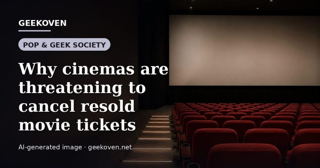 Illustration for the Pop & Geek Society article “Why cinemas are threatening to cancel resold movie tickets”: an AI-generated editorial illustration showing a stadium crowd seen from high above, lights arranged in coordinated patterns, with the headline set over it. Illustrative only, not a photograph of a real event.