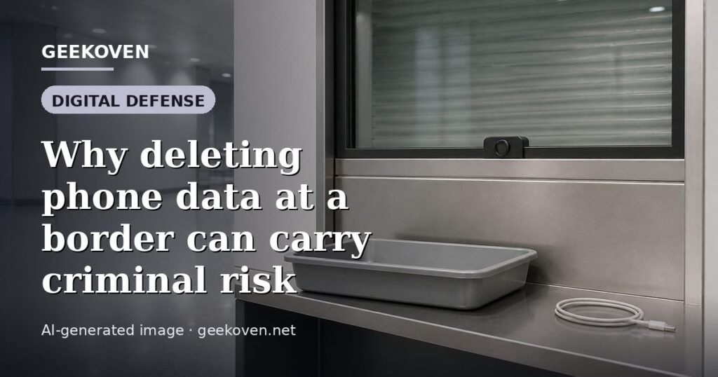 Illustration for the Digital Defense article “Why deleting phone data at a border can carry criminal risk”: an AI-generated editorial illustration showing a scene illustrating the subject of the article, with the headline set over it. Illustrative only, not a photograph of a real event.
