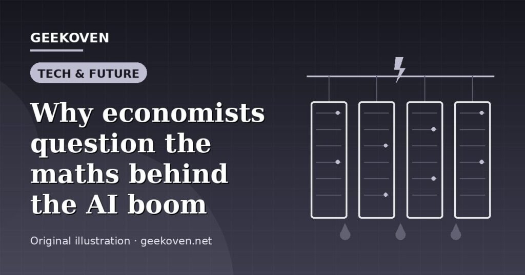 Illustration for the Tech & Future article “Why economists question the maths behind the AI boom”: an AI-generated editorial illustration showing a server hall with long rows of equipment cabinets and power infrastructure, with the headline set over it. Illustrative only, not a photograph of a real event.