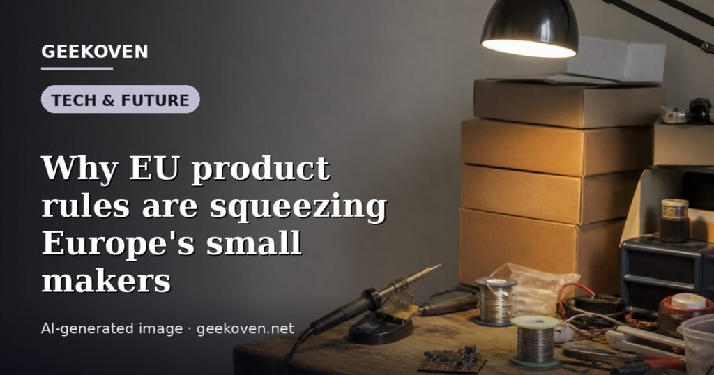 Illustration for the Tech & Future article “Why EU product rules are squeezing Europe's small makers”: an AI-generated editorial illustration showing a scene illustrating the subject of the article, with the headline set over it. Illustrative only, not a photograph of a real event.