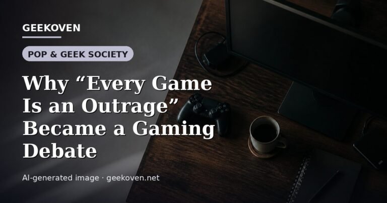 Illustration for the Pop & Geek Society article “Why “Every Game Is an Outrage” Became a Gaming Debate”: an AI-generated editorial illustration showing a stadium crowd seen from high above, lights arranged in coordinated patterns, with the headline set over it. Illustrative only, not a photograph of a real event.