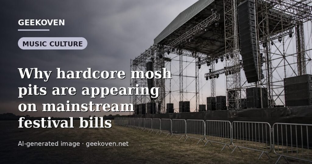 Illustration for the Music Culture article “Why hardcore mosh pits are appearing on mainstream festival bills”: an AI-generated editorial illustration showing a scene illustrating the subject of the article, with the headline set over it. Illustrative only, not a photograph of a real event.