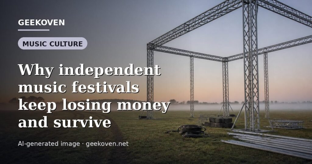 Illustration for the Music Culture article “Why independent music festivals keep losing money and survive”: an AI-generated editorial illustration showing a scene illustrating the subject of the article, with the headline set over it. Illustrative only, not a photograph of a real event.
