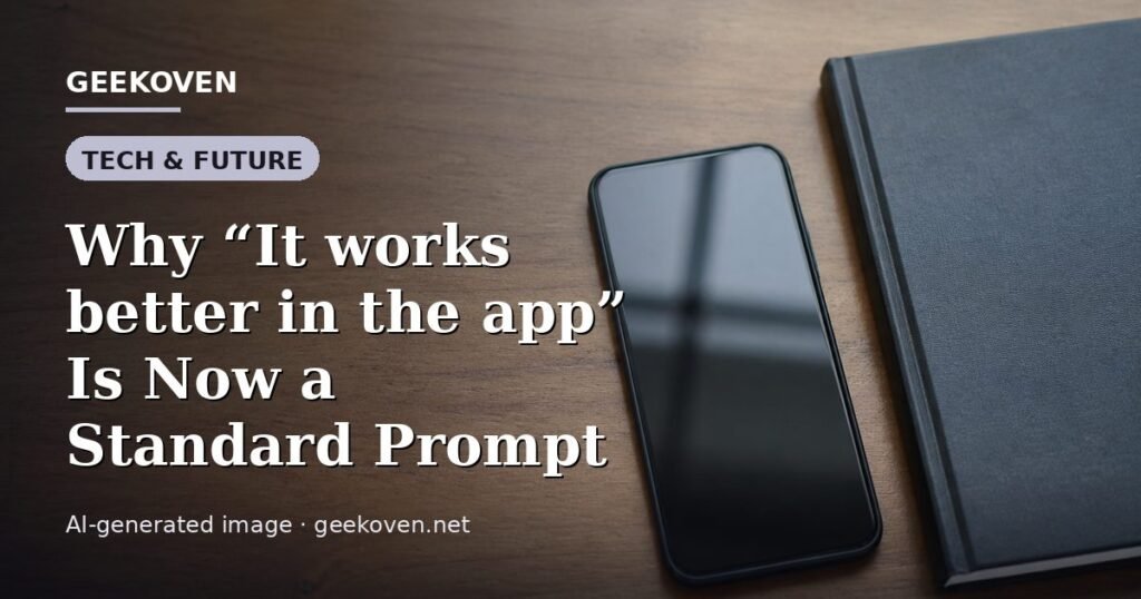 Illustration for the Tech & Future article “Why “It works better in the app” Is Now a Standard Prompt”: an AI-generated editorial illustration showing a scene illustrating the subject of the article, with the headline set over it. Illustrative only, not a photograph of a real event.
