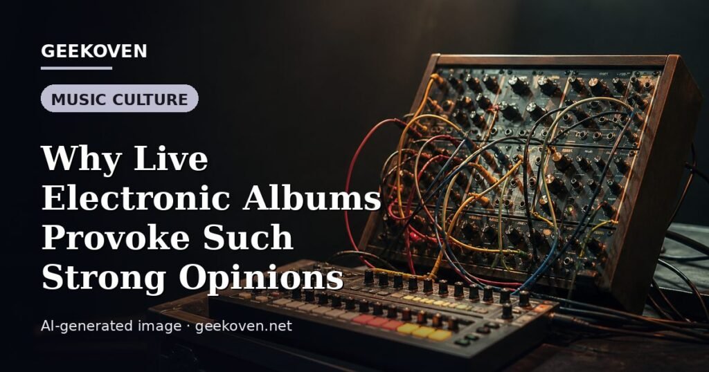 Illustration for the Music Culture article “Why Live Electronic Albums Provoke Such Strong Opinions”: an AI-generated editorial illustration showing a scene illustrating the subject of the article, with the headline set over it. Illustrative only, not a photograph of a real event.