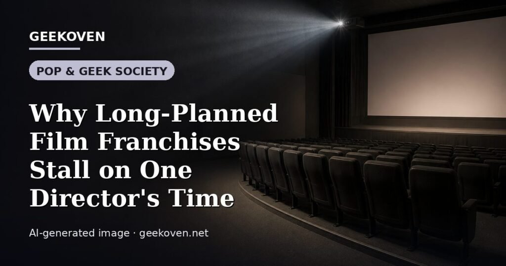 Illustration for the Pop & Geek Society article “Why Long-Planned Film Franchises Stall on One Director's Time”: an AI-generated editorial illustration showing a stadium crowd seen from high above, lights arranged in coordinated patterns, with the headline set over it. Illustrative only, not a photograph of a real event.