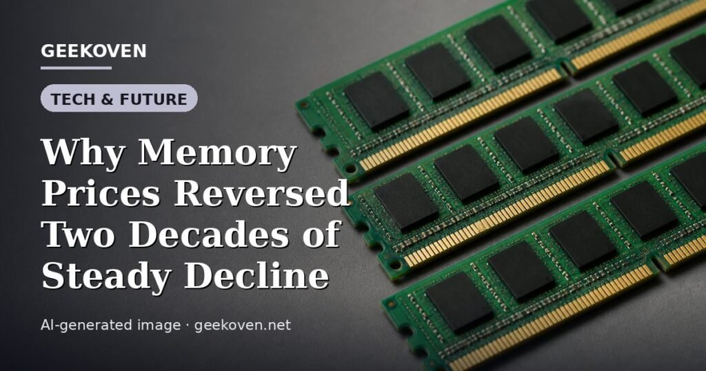 Illustration for the Tech & Future article “Why Memory Prices Reversed Two Decades of Steady Decline”: an AI-generated editorial illustration showing a scene illustrating the subject of the article, with the headline set over it. Illustrative only, not a photograph of a real event.
