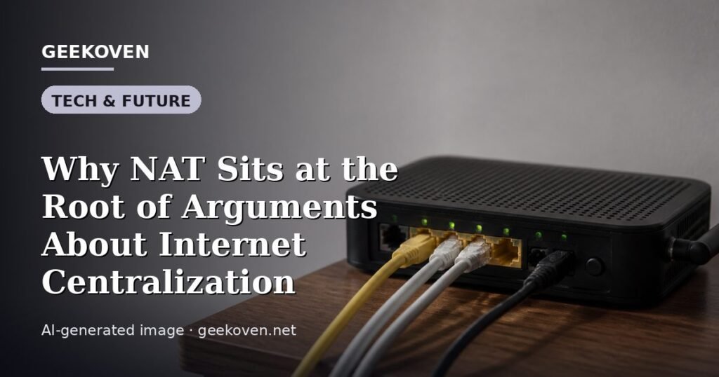Illustration for the Tech & Future article “Why NAT Sits at the Root of Arguments About Internet Centralization”: an AI-generated editorial illustration showing a scene illustrating the subject of the article, with the headline set over it. Illustrative only, not a photograph of a real event.
