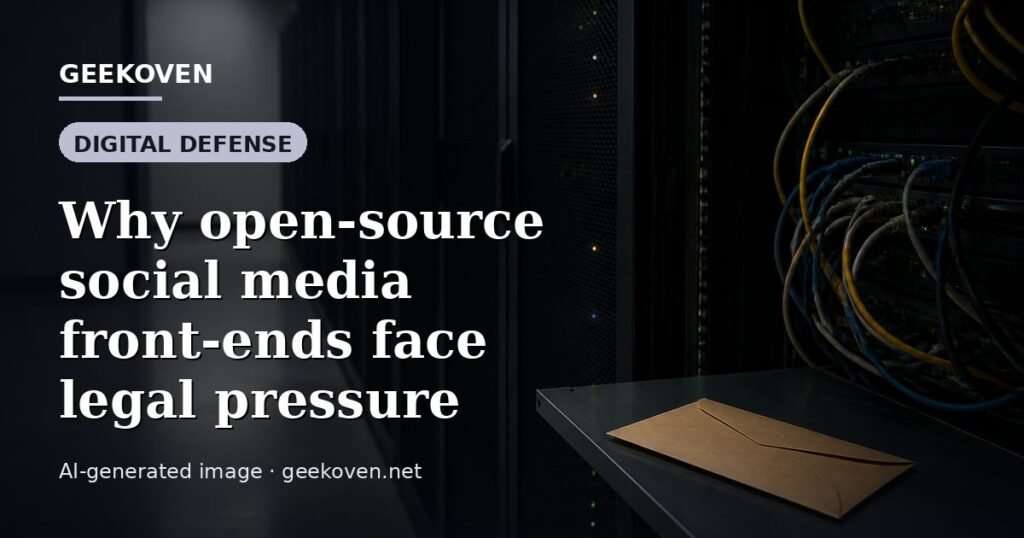 Illustration for the Digital Defense article “Why open-source social media front-ends face legal pressure”: an AI-generated editorial illustration showing a scene illustrating the subject of the article, with the headline set over it. Illustrative only, not a photograph of a real event.