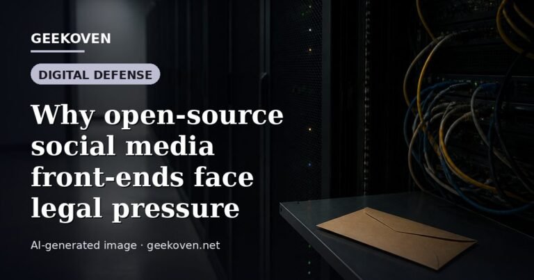 Illustration for the Digital Defense article “Why open-source social media front-ends face legal pressure”: an AI-generated editorial illustration showing a scene illustrating the subject of the article, with the headline set over it. Illustrative only, not a photograph of a real event.