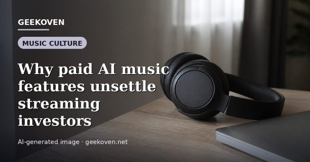 Illustration for the Music Culture article “Why paid AI music features unsettle streaming investors”: an AI-generated editorial illustration showing a stadium crowd seen from high above, lights arranged in coordinated patterns, with the headline set over it. Illustrative only, not a photograph of a real event.