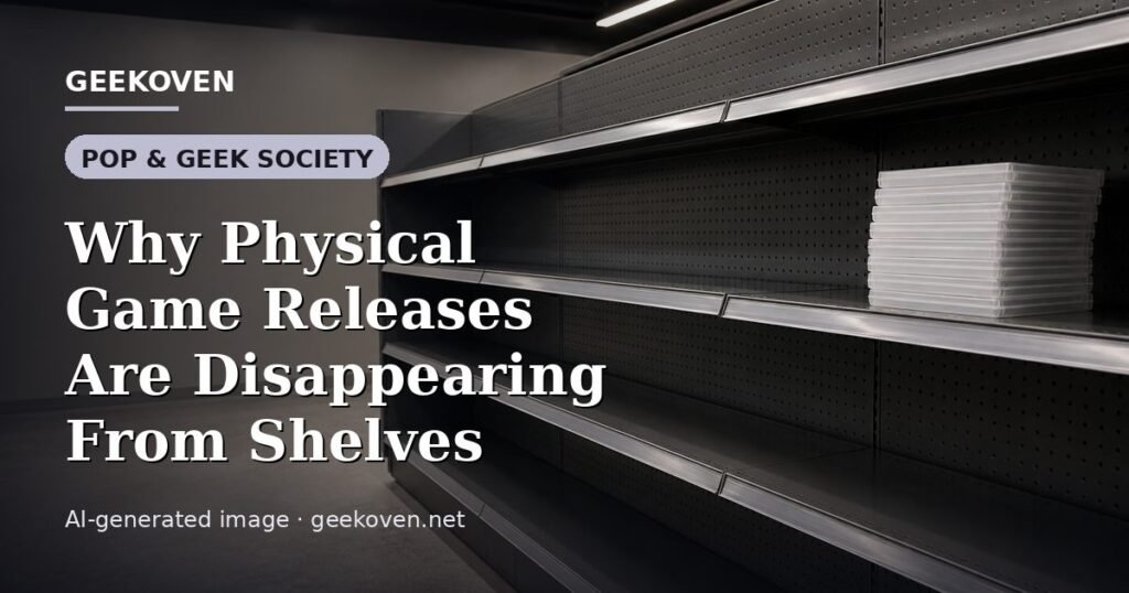 Illustration for the Pop & Geek Society article “Why Physical Game Releases Are Disappearing From Shelves”: an AI-generated editorial illustration showing a scene illustrating the subject of the article, with the headline set over it. Illustrative only, not a photograph of a real event.