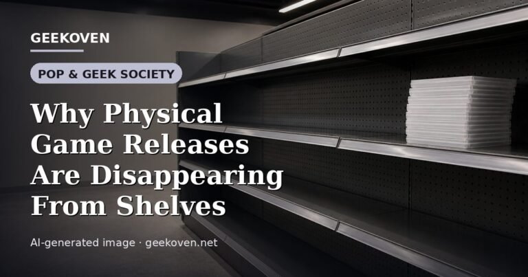 Illustration for the Pop & Geek Society article “Why Physical Game Releases Are Disappearing From Shelves”: an AI-generated editorial illustration showing a scene illustrating the subject of the article, with the headline set over it. Illustrative only, not a photograph of a real event.