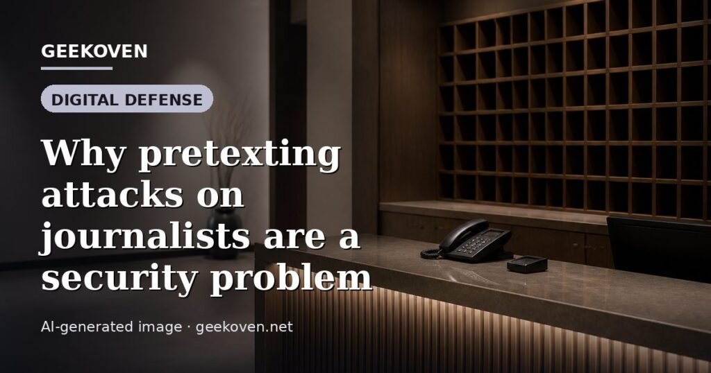 Illustration for the Digital Defense article “Why pretexting attacks on journalists are a security problem”: an AI-generated editorial illustration showing a scene illustrating the subject of the article, with the headline set over it. Illustrative only, not a photograph of a real event.