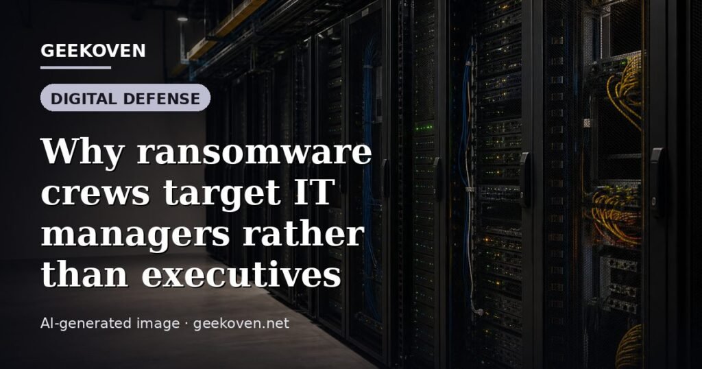 Illustration for the Digital Defense article “Why ransomware crews target IT managers rather than executives”: an AI-generated editorial illustration showing a scene illustrating the subject of the article, with the headline set over it. Illustrative only, not a photograph of a real event.