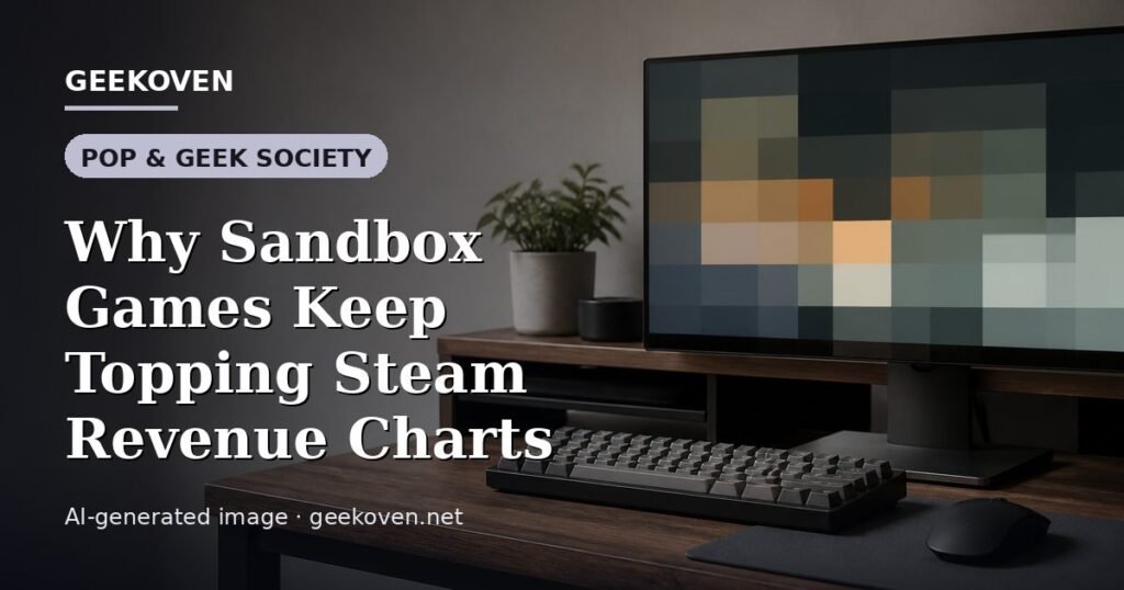Illustration for the Pop & Geek Society article “Why Sandbox Games Keep Topping Steam Revenue Charts”: an AI-generated editorial illustration showing a studio workspace seen from above, with a production timeline across the wall, with the headline set over it. Illustrative only, not a photograph of a real event.