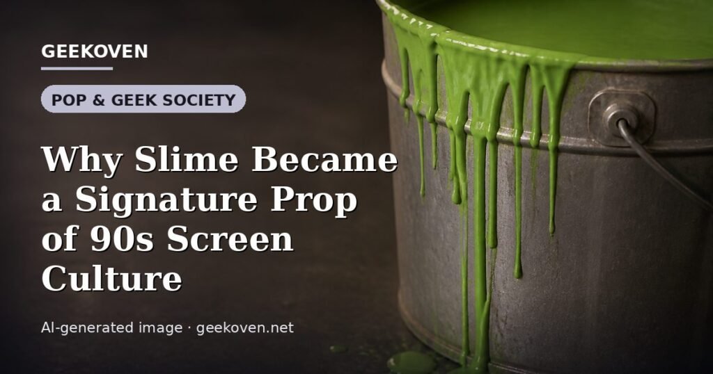 Illustration for the Pop & Geek Society article “Why Slime Became a Signature Prop of 90s Screen Culture”: an AI-generated editorial illustration showing a scene illustrating the subject of the article, with the headline set over it. Illustrative only, not a photograph of a real event.