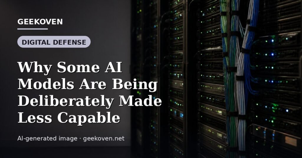 Illustration for the Digital Defense article “Why Some AI Models Are Being Deliberately Made Less Capable”: an AI-generated editorial illustration showing a scene illustrating the subject of the article, with the headline set over it. Illustrative only, not a photograph of a real event.