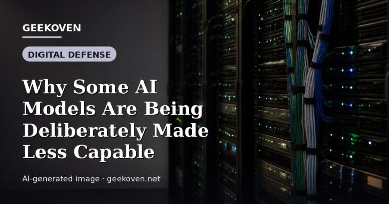 Illustration for the Digital Defense article “Why Some AI Models Are Being Deliberately Made Less Capable”: an AI-generated editorial illustration showing a scene illustrating the subject of the article, with the headline set over it. Illustrative only, not a photograph of a real event.