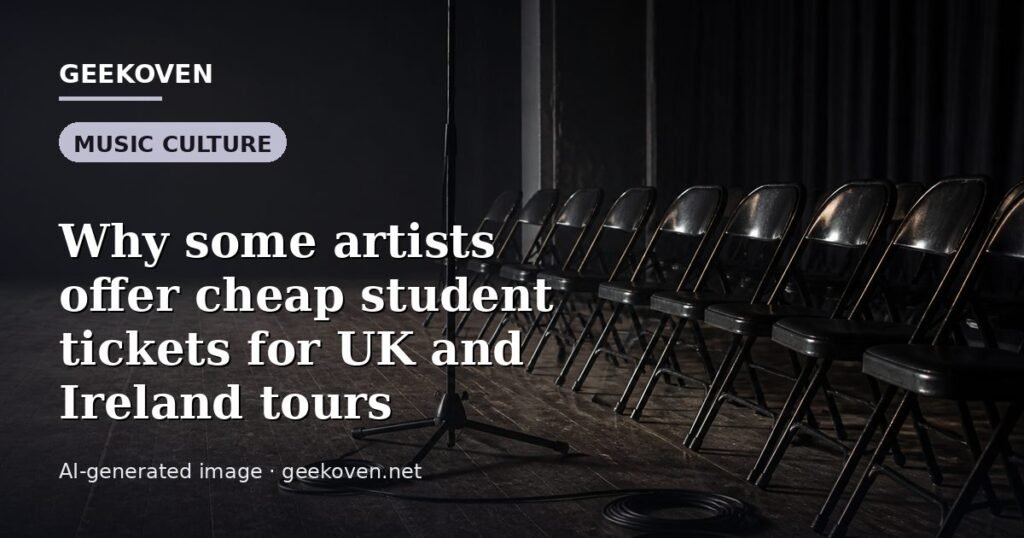 Illustration for the Music Culture article “Why some artists offer cheap student tickets for UK and Ireland tours”: an AI-generated editorial illustration showing a scene illustrating the subject of the article, with the headline set over it. Illustrative only, not a photograph of a real event.