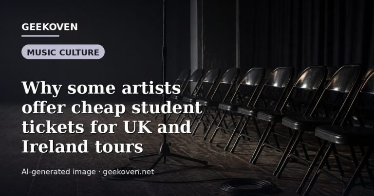 Illustration for the Music Culture article “Why some artists offer cheap student tickets for UK and Ireland tours”: an AI-generated editorial illustration showing a scene illustrating the subject of the article, with the headline set over it. Illustrative only, not a photograph of a real event.