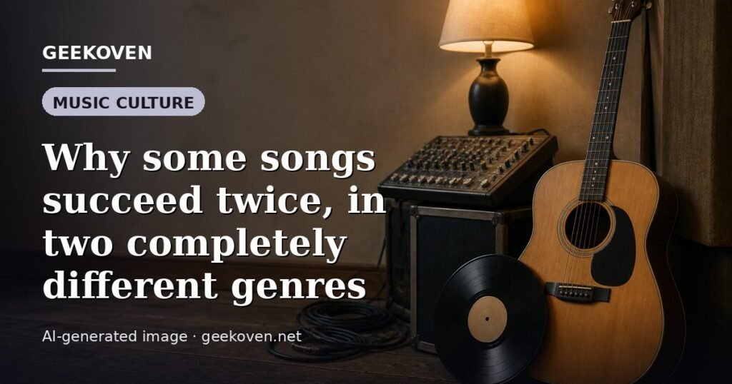 Illustration for the Music Culture article “Why some songs succeed twice, in two completely different genres”: an AI-generated editorial illustration showing a stadium crowd seen from high above, lights arranged in coordinated patterns, with the headline set over it. Illustrative only, not a photograph of a real event.
