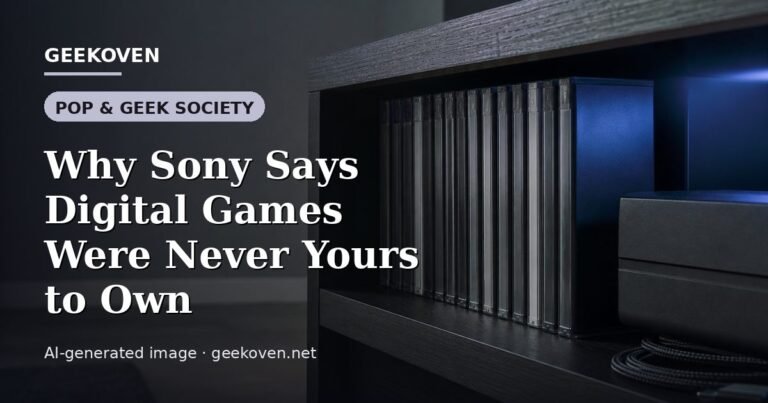 Illustration for the Pop & Geek Society article “Why Sony Says Digital Games Were Never Yours to Own”: an AI-generated editorial illustration showing a studio workspace seen from above, with a production timeline across the wall, with the headline set over it. Illustrative only, not a photograph of a real event.