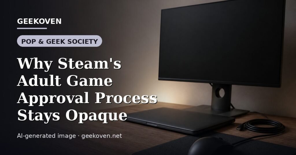 Illustration for the Pop & Geek Society article “Why Steam's Adult Game Approval Process Stays Opaque”: an AI-generated editorial illustration showing a scene illustrating the subject of the article, with the headline set over it. Illustrative only, not a photograph of a real event.