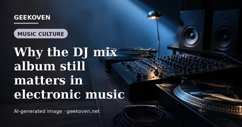 Illustration for the Music Culture article “Why the DJ mix album still matters in electronic music”: an AI-generated editorial illustration showing a stadium crowd seen from high above, lights arranged in coordinated patterns, with the headline set over it. Illustrative only, not a photograph of a real event.