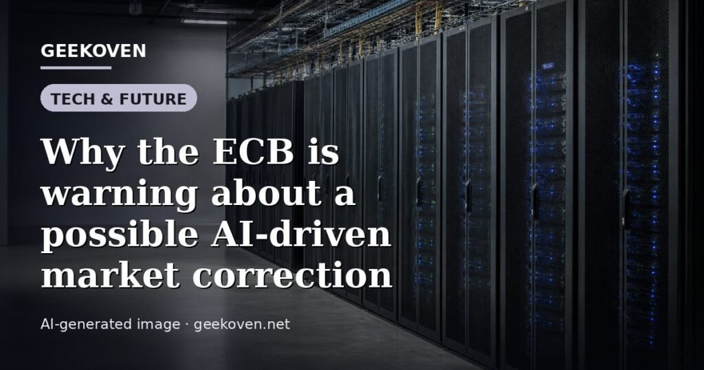Illustration for the Tech & Future article “Why the ECB is warning about a possible AI-driven market correction”: an AI-generated editorial illustration showing a server hall with long rows of equipment cabinets and power infrastructure, with the headline set over it. Illustrative only, not a photograph of a real event.