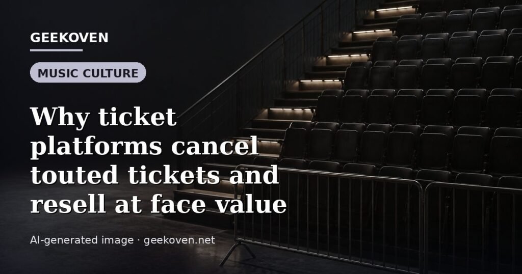 Illustration for the Music Culture article “Why ticket platforms cancel touted tickets and resell at face value”: an AI-generated editorial illustration showing a scene illustrating the subject of the article, with the headline set over it. Illustrative only, not a photograph of a real event.