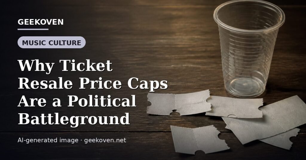 Illustration for the Music Culture article “Why Ticket Resale Price Caps Are a Political Battleground”: an AI-generated editorial illustration showing a scene illustrating the subject of the article, with the headline set over it. Illustrative only, not a photograph of a real event.