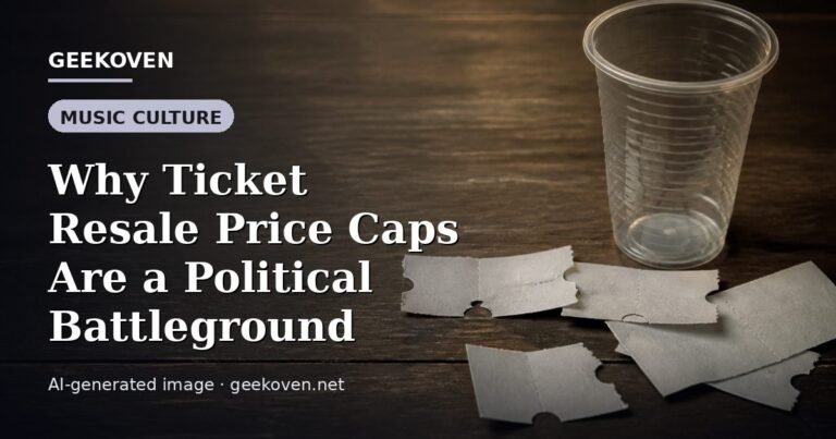 Illustration for the Music Culture article “Why Ticket Resale Price Caps Are a Political Battleground”: an AI-generated editorial illustration showing a scene illustrating the subject of the article, with the headline set over it. Illustrative only, not a photograph of a real event.