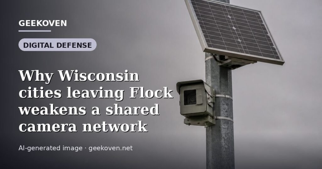 Illustration for the Digital Defense article “Why Wisconsin cities leaving Flock weakens a shared camera network”: an AI-generated editorial illustration showing a scene illustrating the subject of the article, with the headline set over it. Illustrative only, not a photograph of a real event.