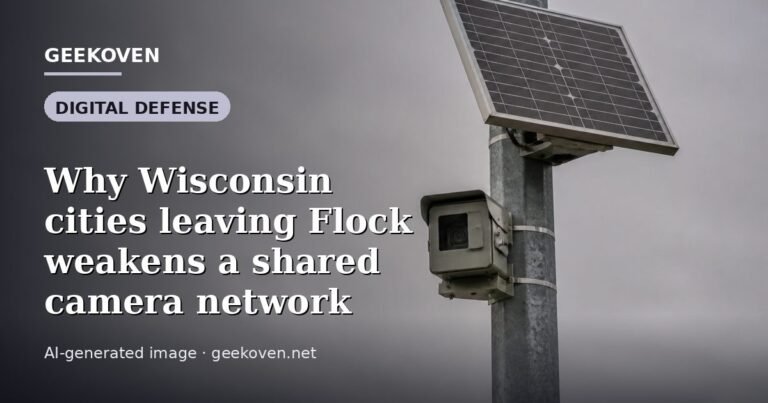 Illustration for the Digital Defense article “Why Wisconsin cities leaving Flock weakens a shared camera network”: an AI-generated editorial illustration showing a scene illustrating the subject of the article, with the headline set over it. Illustrative only, not a photograph of a real event.