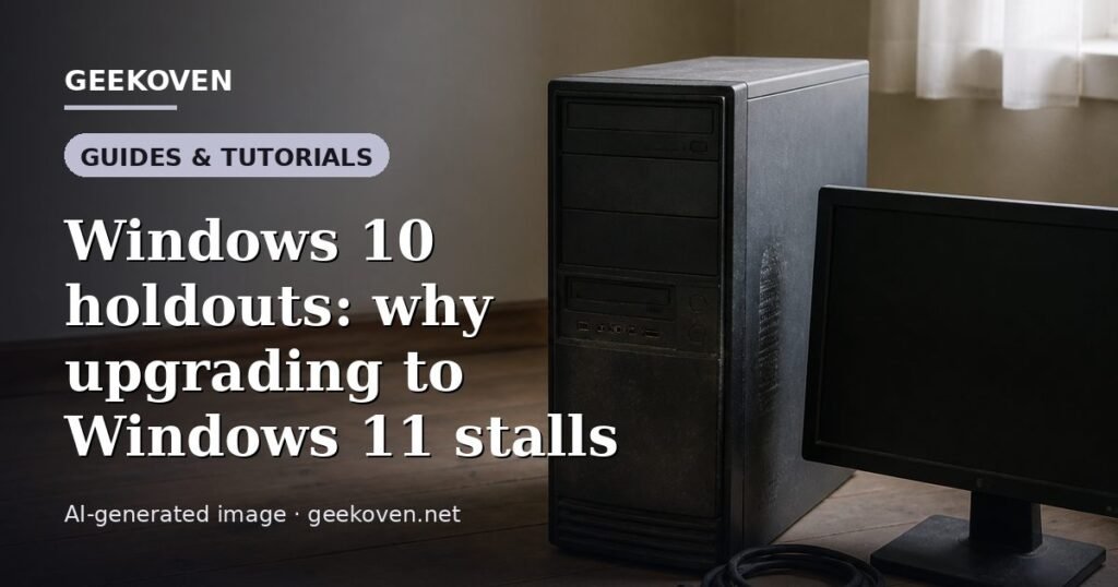 Illustration for the Guides & Tutorials article “Windows 10 holdouts: why upgrading to Windows 11 stalls”: an AI-generated editorial illustration showing a scene illustrating the subject of the article, with the headline set over it. Illustrative only, not a photograph of a real event.