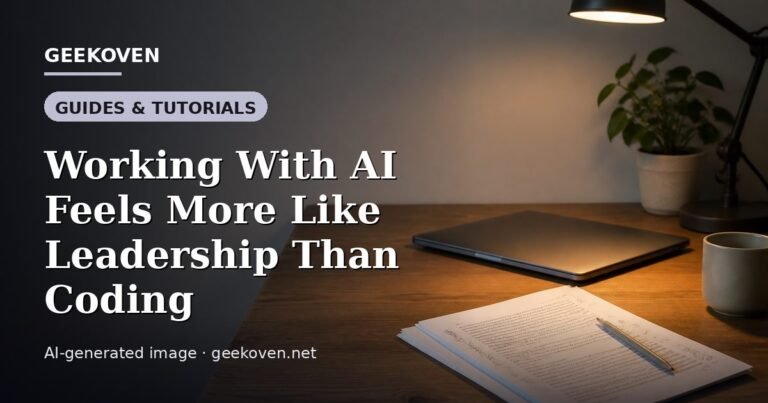 Illustration for the Guides & Tutorials article “Working With AI Feels More Like Leadership Than Coding”: an AI-generated editorial illustration showing a scene illustrating the subject of the article, with the headline set over it. Illustrative only, not a photograph of a real event.