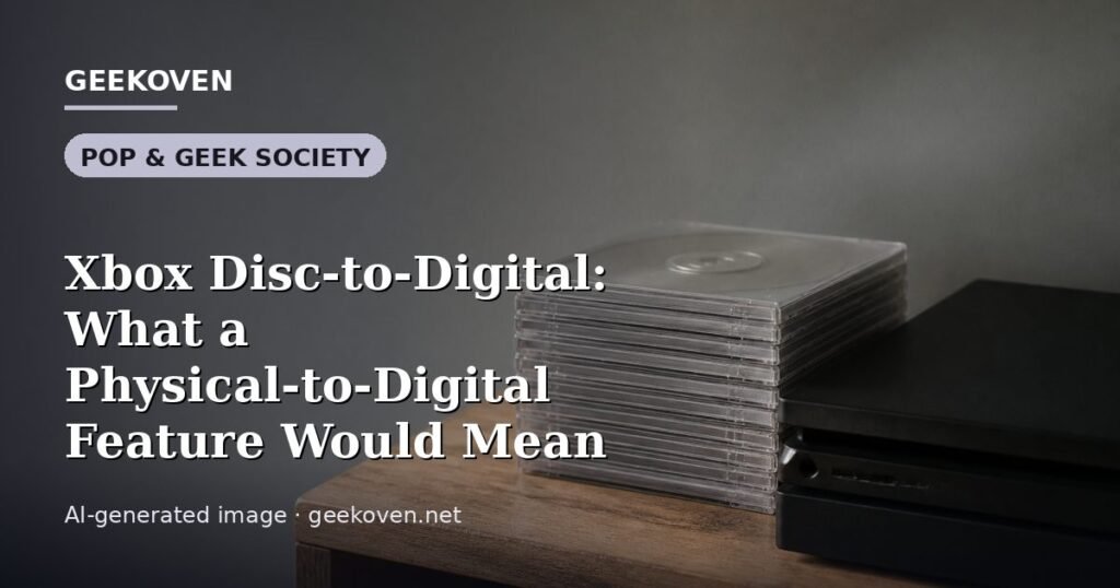 Illustration for the Pop & Geek Society article “Xbox Disc-to-Digital: What a Physical-to-Digital Feature Would Mean”: an AI-generated editorial illustration showing a scene illustrating the subject of the article, with the headline set over it. Illustrative only, not a photograph of a real event.