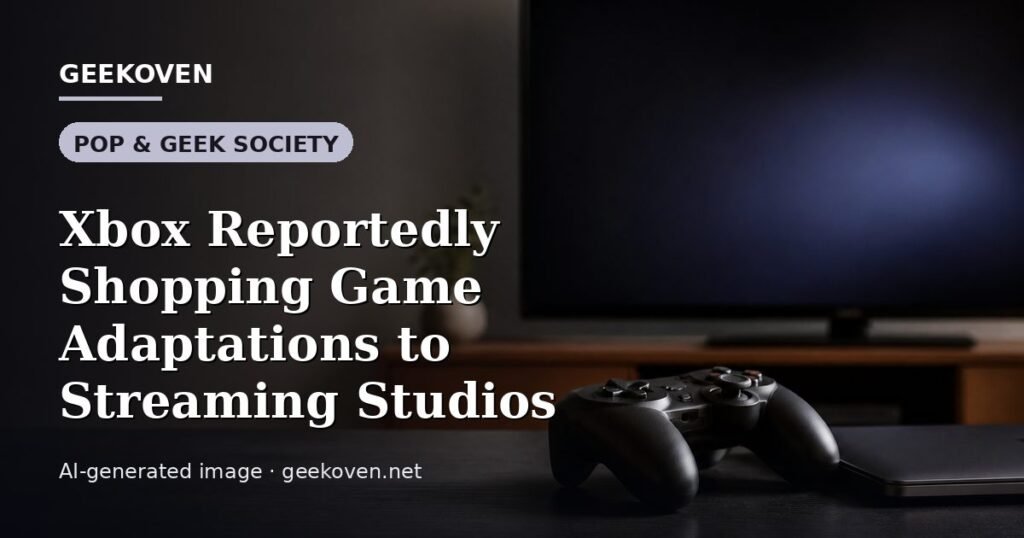 Illustration for the Pop & Geek Society article “Xbox Reportedly Shopping Game Adaptations to Streaming Studios”: an AI-generated editorial illustration showing a stadium crowd seen from high above, lights arranged in coordinated patterns, with the headline set over it. Illustrative only, not a photograph of a real event.