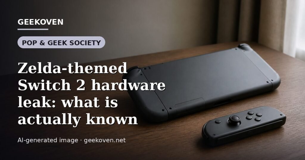 Illustration for the Pop & Geek Society article “Zelda-themed Switch 2 hardware leak: what is actually known”: an AI-generated editorial illustration showing a scene illustrating the subject of the article, with the headline set over it. Illustrative only, not a photograph of a real event.