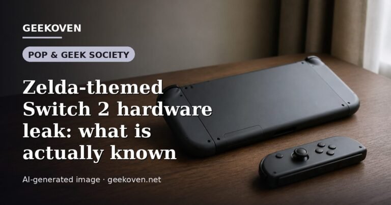 Illustration for the Pop & Geek Society article “Zelda-themed Switch 2 hardware leak: what is actually known”: an AI-generated editorial illustration showing a scene illustrating the subject of the article, with the headline set over it. Illustrative only, not a photograph of a real event.