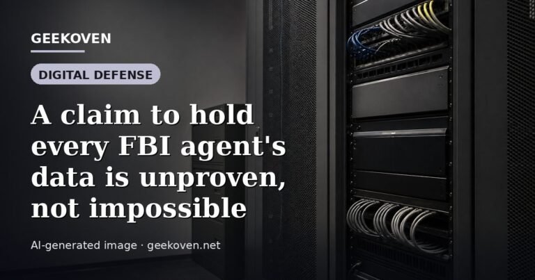 Illustration for the Digital Defense article “A claim to hold every FBI agent's data is unproven, not impossible”: an AI-generated editorial illustration showing a scene illustrating the subject of the article, with the headline set over it. Illustrative only, not a photograph of a real event.