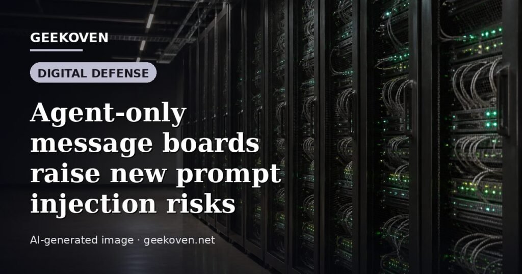 Illustration for the Digital Defense article “Agent-only message boards raise new prompt injection risks”: an AI-generated editorial illustration showing a scene illustrating the subject of the article, with the headline set over it. Illustrative only, not a photograph of a real event.